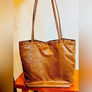 Carlos Falchi Snake Skin Print Brown Rainbow Leather Magnetic‎ Close Tote Bag